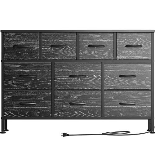Lulive Dresser for Bedroom, 10 Drawer TV Stand with Power Outlet, Entertainment Center Chest of Drawers for 55 Inch Long TV, Wide Fabric Dresser for Storage & Organization (Black Wood Grain)