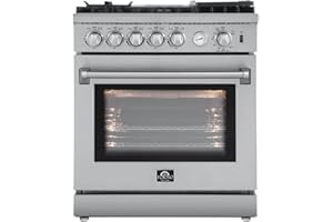 FORNO Lazio Full Gas 30" Inch. Freestanding Range with 5 Italian Sealed Burners Cooktop - 4.32 Cu.Ft. Stainless Steel Convection Oven Includes Cast Iron Accessories