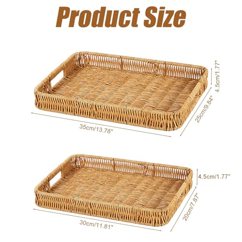 Rectangle Rattan Serving Trays with Handles, Decorative Woven Wicker Organizer Baskets Storage Tray for Coffee Table, Bread, Fruit, Snacks 2 Pack