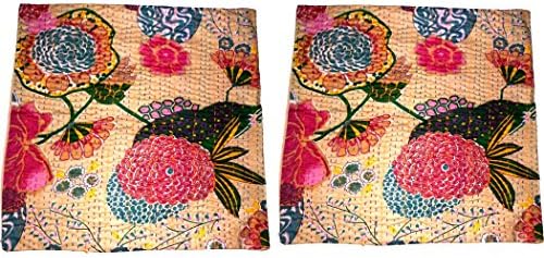 2 Pieces Set Hand Kantha Work Hand Embroidery Throw Pillow Covers Cushion Cuscino Cojin Kissen Vintage Home Decor Cotton Linen Pillow Case Sofa Waist Throw Cushion Cover