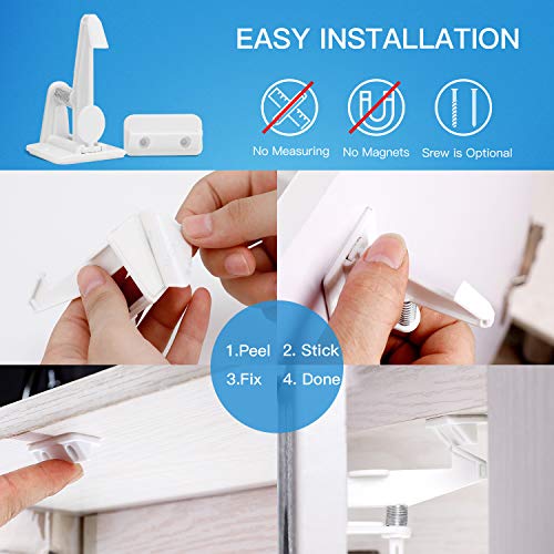 Child Safety Cabinet Locks Latches, Veidoo 10 Pack Baby Proofing Cabinets Drawer Lock with 3M Adhesive or Screws Optional & 2 Pack Door Lever Lock Child Proof (White)