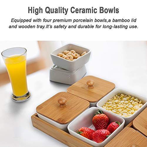 Ceramic Snack Serving Tray, 4-Compartment Tray Serving Platter with Bamboo Lid and Pallets,Moisture-proof Bowls for Food,Snacks,Condiments, Appetizersï¼ˆWhiteï¼‰