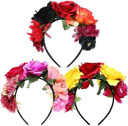 FRCOLOR Diadema del Día de los Muertos con corona de flores mexicanas con calcomanías de tatuaje facial, 4 unidades FRCOLOR Diadema del Día de los Muertos con corona de flores mexicanas con calcomanías de tatuaje facial, 4 unidades