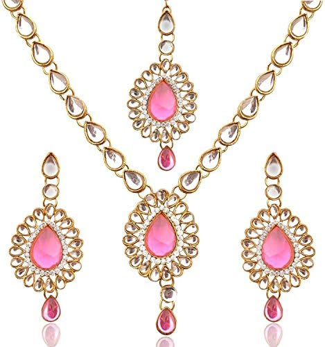Bollywood Designer Indian Pakistani Ethnic Kundan Necklace Earring Mang Tika (Light Pink)