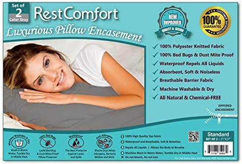 Set of 2 Bed Bug and Dust Mite Bacteria, Allergy Proof / Waterproof Pillow Protectors - Hypoallergenic Breathable and Quite - Zippered Pillow Encasement, RestComfort (Standard 21"x27", Gray)