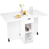 Mondeer Folding Dining Table with Drawer and Shelves, White | Drop Leaf Kitchen Table with 1 Drawer and 2 Storage Shelves in Modern Style for Small Spaces and Seats 4-6 People.