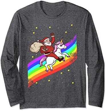 Unisex Santa Unicorn Rainbow Long Sleeve T-shirt Holiday Gift 2XL Dark Heather