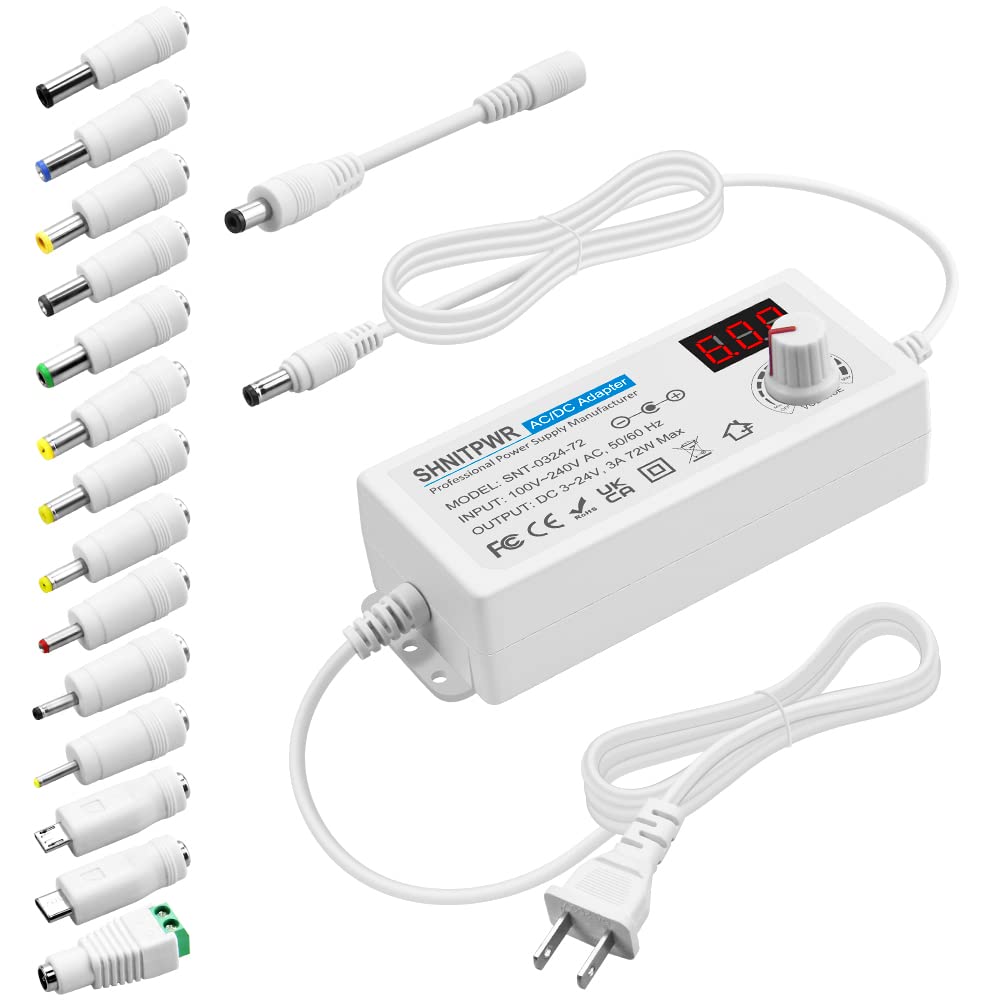 SHNITPWR AC Adapter 3V ~ 24V 3A 72W Universal Power Supply 100V-240V AC to DC 3V 5V 6V 9V 12V 15V 16V 18V 19V 20V 24V Adjustable Power Adapter with 14 Tips 5.5x2.5mm 4.0x1.7mm 3.5x1.35mm, White