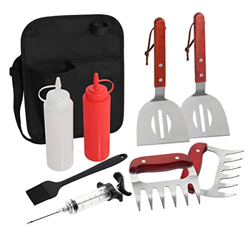 POLIGO 9-piece Complete Grade Grill Griddle Accessories BBQ Tools Set - Spatulas, Meat Claws, Condiment Bottles, Meat Injector and a Convenient Design Belt Bag for Storage - Great for Outdoor Cooking