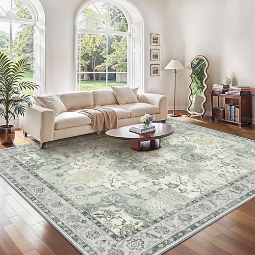 GENIMO Waschbarer Vintage Teppich Graugrün fürs Wohnzimmer, 200x290 cm
