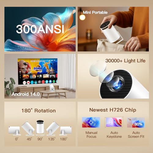 Video Projector with Wi-Fi 6 & Bluetooth 5.4, Built-in Apps Supports 4K Full HD Mini Video Projector, Android 14, Auto Keystone, 2026 Upgraded Projector for HDMI/iPhone/USB White