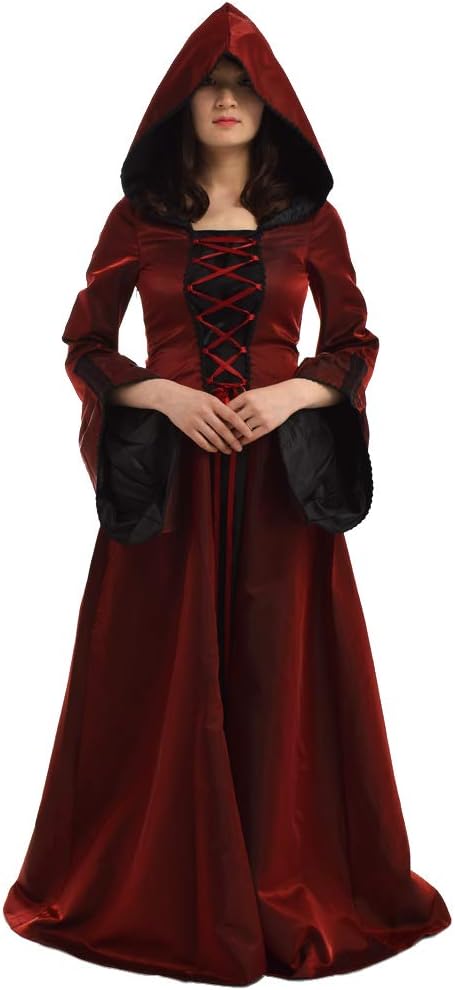 BLESSUMEMedieval Dress Women Renaissance Hooded Gothic Costume Flare Sleeve