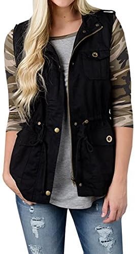 Women's Sleeveless Lightweight Pure Color Vest Jacket with Zipper &amp; Button &amp; Drawstring &amp; Pockets (S, Black)