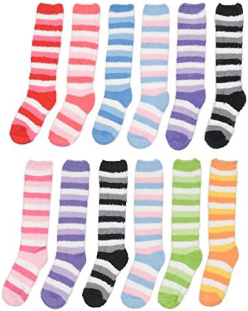 12 Pairs Knee Hi Striped Assorted Thick Fuzzy Socks