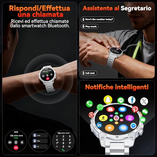Orologio Uomo Militare, 1000 mAh Batteria Smartwatch, Due Cinturini, Schermo HD 1,75", Torcia LED, 100＋ Modalità Sportive, Monitoraggio della Salute, Chiamate Bluetooth per iOS Android (Argento)