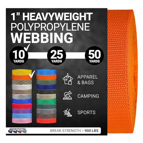 Strapworks Heavyweight Polypropylene Webbing - Heavy Duty Poly Strapping for Outdoor DIY Gear Repair, 1 Inch x 10 Yards - Yellow Gold