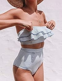 Bikini sin tirantes con volantes, parte superior retro de talle alto