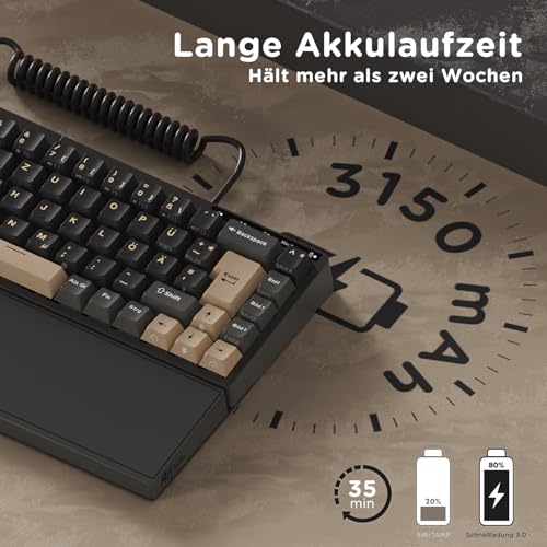 RK ROYAL KLUDGE S70 Gaming Keyboard Wireless Mechanical Ergonomic Split Design Keyboard QWERTZ with Wrist Rest, Bluetooth/2.4G/USB-C, RGB Lighting, Hot-Swap Linear Creamy Switches