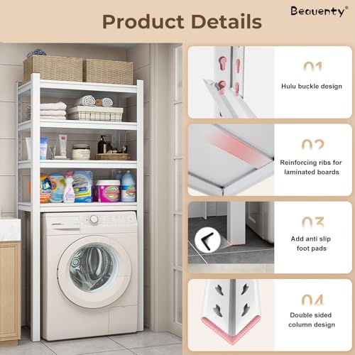 Beauenty 4-Tier Over Washing Machine Rack, Over Flip-top & Drum Washing Machine Dryer Storage Shelf, Adjustable Shelving Units Space Saver, Heavy Duty Balcony Organizer Rack (27.6"*15.8"*72") (White)