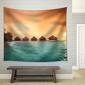 Over Water Bungalows with Steps into Amazing Green Lagoon - Fabric Wall Tapestry Home Decor - 51x60 inches