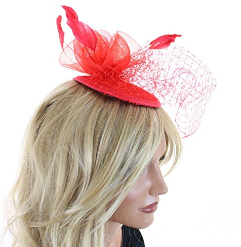 Cocktail Fashion Fascinator Hat with Flowers Feathers Net and Veil (Red)