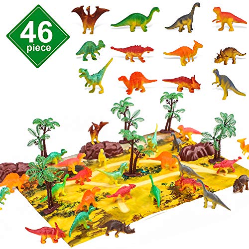 STEAM Life 46 Piece Mini Dinosaur Toy Set - Dinosaur Toys for 3 4 5 6 Year Old Boys and Girls - STEM Toys Dinosaurs Toy Set 36 Dinos a Playmat and Props - Triceratops Pterodactyl and T-Rex Toys