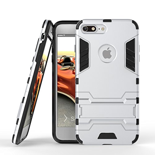 Premium iPhone 7 Plus Case By Snowball Shuttle – Shockproof Dual Shock-Absorbing Layer – With Slide-Out Kickstand – Modern Design &amp; Durable Construction – BONUS Protection Glass (Edge Silver)