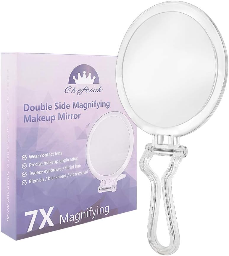 Cheftick Double Sided Hand Held Mirror - 1X & 7X Magnifying Travel Makeup Mirror with Adjustable Folding Handle, Portable, Transparent & Round (6"): Furniture & Decor