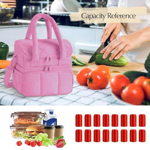 Insulated Lunch Bag for Men Women Kids, Large Reusable Double Layer Lunchbox Cooler Bag with Adjustable Strap, Leakproof Thermal Food Storage Tote for Work, School, Picnic, Travel - Pink