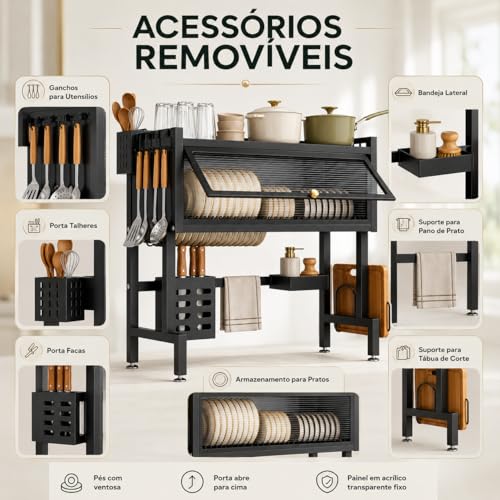 Laruno Escorredor de Louça Suspenso 75cm Preto Organizador de Pia Cozinha com Porta Pratos, Copos, Talheres, Utensílios e Escova de Limpeza