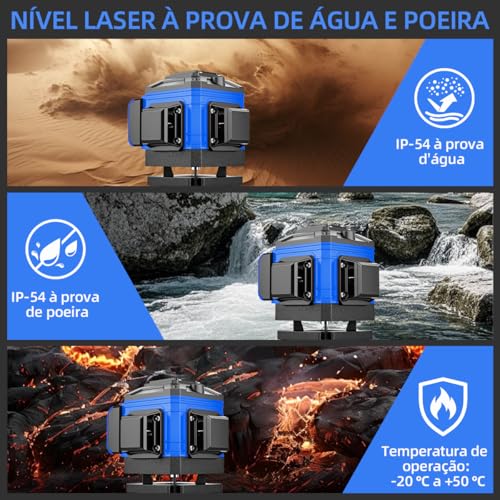 Nível a Laser 12 Linhas Verde Autonivelante 360°, Kit Completo com Tripé e Baterias para Construção e Reformas (Azul)