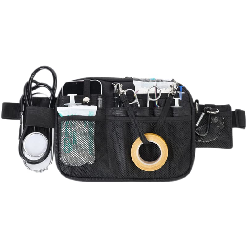 Nurse Utility Organizer Fanny Pack Hip Bag Waist Pack Pouch Case with Multi-Compartment and Tape Holder for Medical Scissors Care Kit Tool (Black)