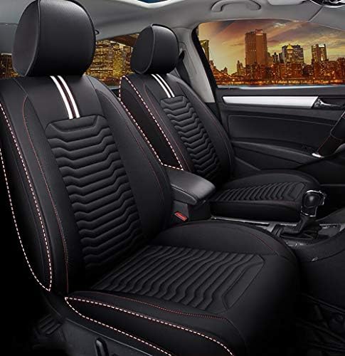 ZHENHUA Universal PU Leather Front and Rear Car Seat Cushion Cover Full Set Needlework Seat Pad Protector Black with Red Edge (Airbag Compatible)