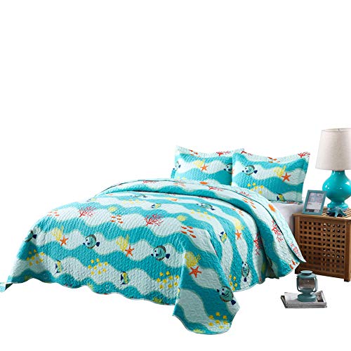 TT LINENS 3 Piece Kids Quilt Set Lightweight Bedspread Decoration Throw Blanket Teens Boys Girls Bed Printed Beach Sea Sea Life Bedding Coverlet Comforter Set/ 277 Fish Quilt (Full/Queen)