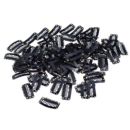 PhoenixFlameHair 20 Pcs U Shape Metailic Snap Clips ins for Hair Extension Hairpiece DIY Snap-Comb Wig Clips with Rubber-（Black, General U Shape 6 Holes)