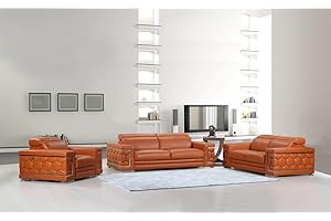 Blackjack Furniture Usry Italian Leather Set with Multi-Position Adjustable Headrests, Elegant Contemporary Design with Chrome Trim and Durable Wood Frame, 3 Piece Set Chair, Loveseat, Sofa Set, Camel