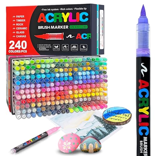 240 Colors Acrylic Paint Markers, Soft Brush Tip Acrylic Paint Pens, Waterproof Coloring Art Markers for Wood, Metal, Ceramic, Fabric, Stone, Egg, Rock Painting and DIY Art Crafting