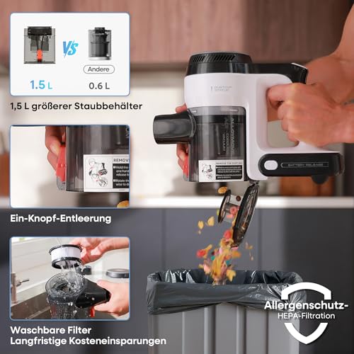 AlloyMove Battery Vacuum Cleaner 50,000 Pa/550 W/70 Min, 1.5 L Cordless Vacuum Cleaner with Anti-Tangle Brush and Wall Charging Station, 7-Layer Filter System, Super Quiet for Pet Hair, Carpets, Hard