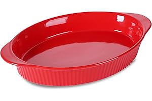 LEETOYI Porcelain 9x13 Large Oval Au Gratin Pans,Baking Dish for Servings, Bakeware with Double Handle for Kitchen and Home (Red)