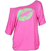 Smile Fish Women Casual Oversized Sexy Lips Print Off Shoulder T-Shirt