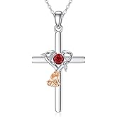 OCJ Rose Cross Necklace 925 Sterling Silver Birthstone Heart Cross Pendant Necklace Religious Jewelry for Women Her Daughter Wife Mom Anniversary Christmas Birthday Gifts