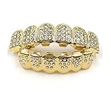 JINAO 14K Gold Plated ICED Out CZ Teeth Grillz Top Bottom Tooth Caps Hip Hop Bling New Gold Shiny Grills