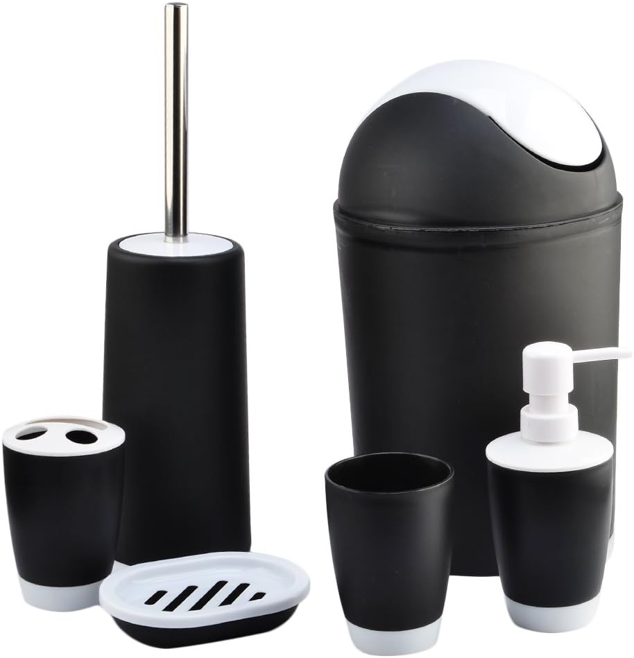 Foxom 6 pcs Plastic Bathroom Accessory Set - Lotion/ Soap Dispenser, Toothbrush Holder, Rinse Mug/ Trumbler, Soap Dish, Toilet Brush/ Holder Waste Bin - Black