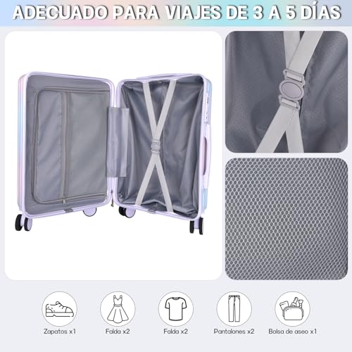 HOGESA Maleta Carry On, 20" y 14", con Neceser, Portavasos, USB Puerto de Carga y Práctico Gancho, Ruedas Giratorias Silenciosa 360°, Candado de Seguridad(Arcoíris)
