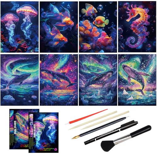 Scratch Art Adult DIY Paint by Scratch Rainbow Scratch Paper Art Colorful Sketches Scratch with 5 Scratch Tool for DIY Craft Gift（Ocean World）