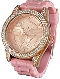 Wonder Woman Rhinestone Accented Rose Gold Tone Watch with Pink Rubber Strap
