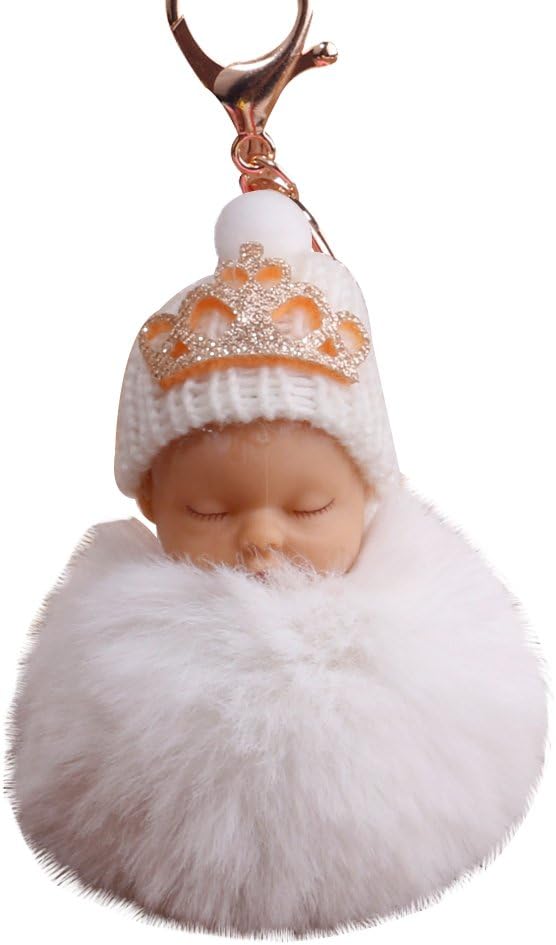 Women's Key Chain, Cute Crown Hat Sleeping Baby Doll Pompom Key Ring Holder Bag Pendant White