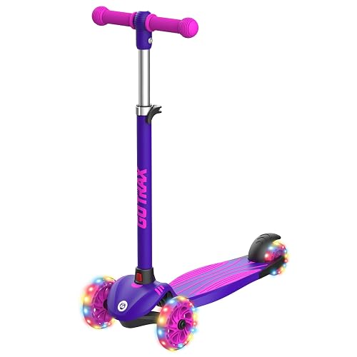 Gotrax KS1 Kids Kick Scooter, LED Lighted Wheels and 3 Adjustable Height Handlebars, Lean-to-Steer & Widen Anti-Slip Deck, 3 Wheel Scooter for Boys & Girls Ages 3+ and up to 100 Lbs