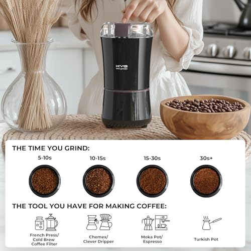 KYG Electric Coffee Grinder for Espresso Beans, Nuts and Grains, Powerful Compact Coffee Grinder One-Touch Operation and Stainless Steel Blades 200w Black