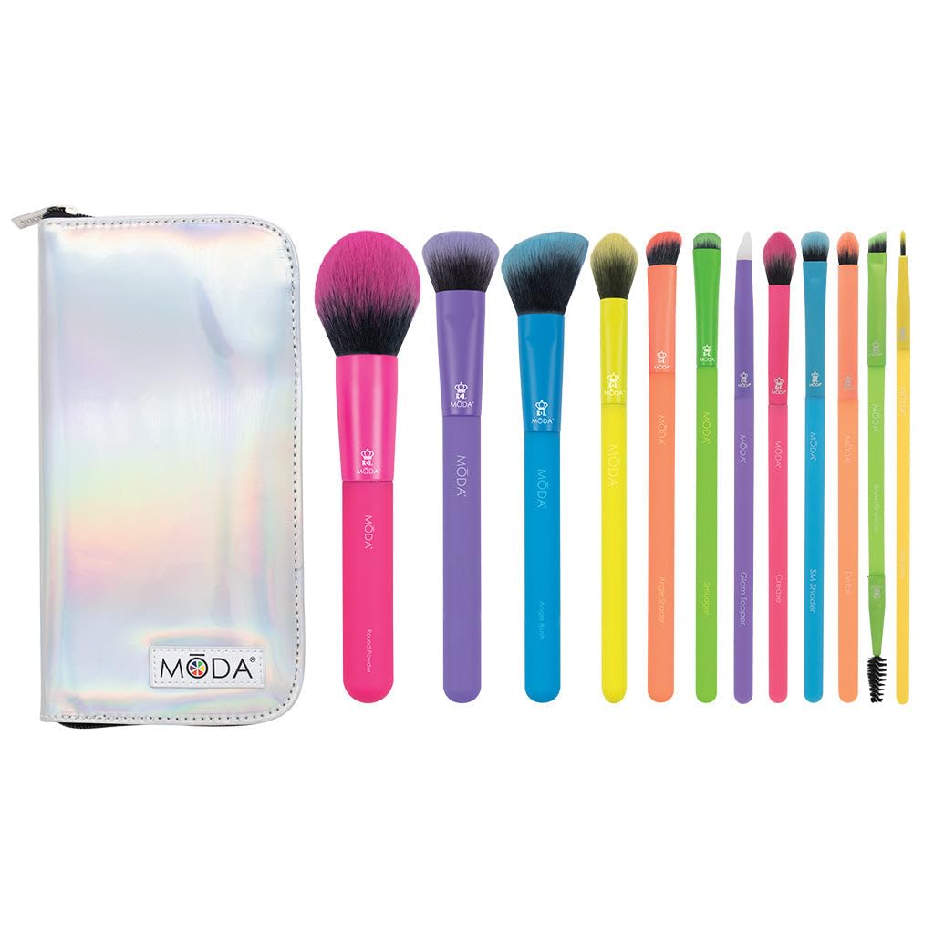 MODA Totally Electric 13pc Full Face Makeup Brush Set, Includes - Powder, Complexion, Blush, Shader, Smudger & Crease Brushes with Zip Case